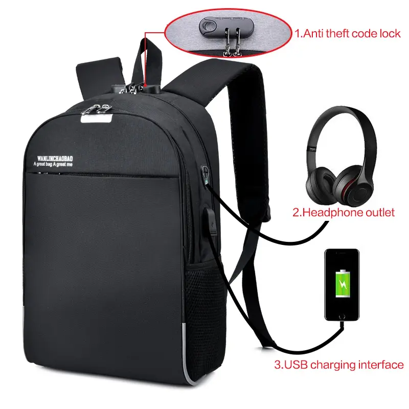 Zaino per laptop antifurto per ricarica batteria USB da uomo impermeabile nero impermeabile per scuola di viaggio d'affari con porta usb