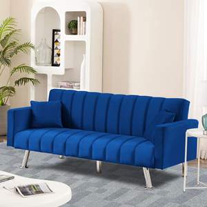 आधुनिक सोफे के साथ आधुनिक सोफे के साथ 2 तकिए मखमली स्लीपर सोफा बिस्तर लकड़ी के फ्रेम और धातु के पैरों के साथ-नीले - Product Image 2