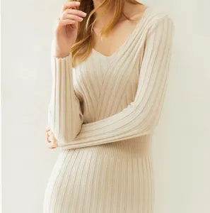 Manufacturer Custom Knitted Wool Women Slim Dress Ladies Fashion Long Sleeve Pullover Long Sweater Casual Dress