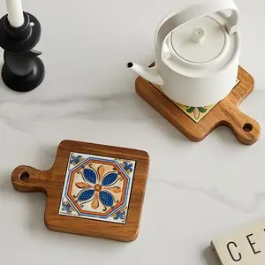 优雅的木制和陶瓷桌垫，用于杯子和锅木制杯垫，家用和厨房用瓷器