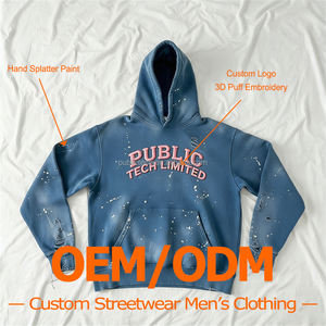 Sudadera con Capucha Personalizada de Algodón Vintage con Efecto Desgastado, Pintura Salpicada a Mano, Bordado 3D, Bordes Deshilachados y Capucha Acanalada para Hombre - Product Image 1