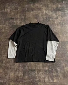 T-shirt à manches longues pour homme, col rond, en coton tricoté, avec bordure contrastée, coupe ample, design uni, couleur noire - Product Image 2