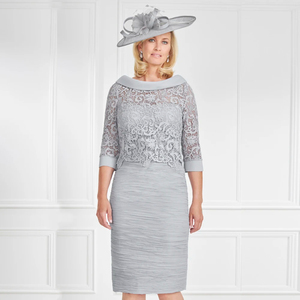 Mumuleo Vente en gros de robes de mère argentées en dentelle Robes de mère de la mariée Longueur au genou Manches 3/4 Costume de mère pour la fête 2024 - Product Image 3