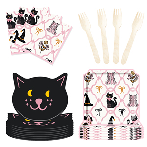 DAMAI New Halloween Black cat Theme Disposable Paper Plates, Cups and Napkins for Halloween Party Supply - Product Image 5