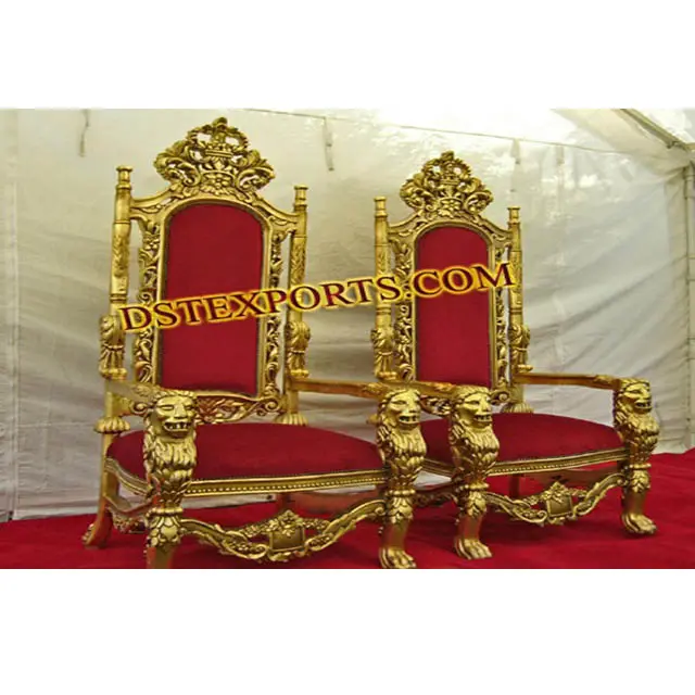 Ấn Độ Wedding Red & Vàng Ghế Tuyệt Vời Cưới Maharaja Ghế Set Nữ Hoàng Cưới Vua Lion Ghế Set