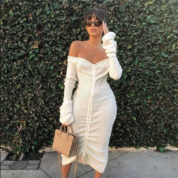 Off Shoulder Long Sleeve Maxi Solid Color Drawstring 2021 Fall Fashion Women Fall 2021 Women Clothes Dress Autumn Casual Dresses