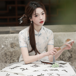 Verano nuevo estilo chica cheongsam temperamento de gama alta mujeres tradicionales damas largo color <span class=keywords><strong>azul</strong></span> boda vestido floral <span class=keywords><strong>qipao</strong></span> fábrica - Product Image 2