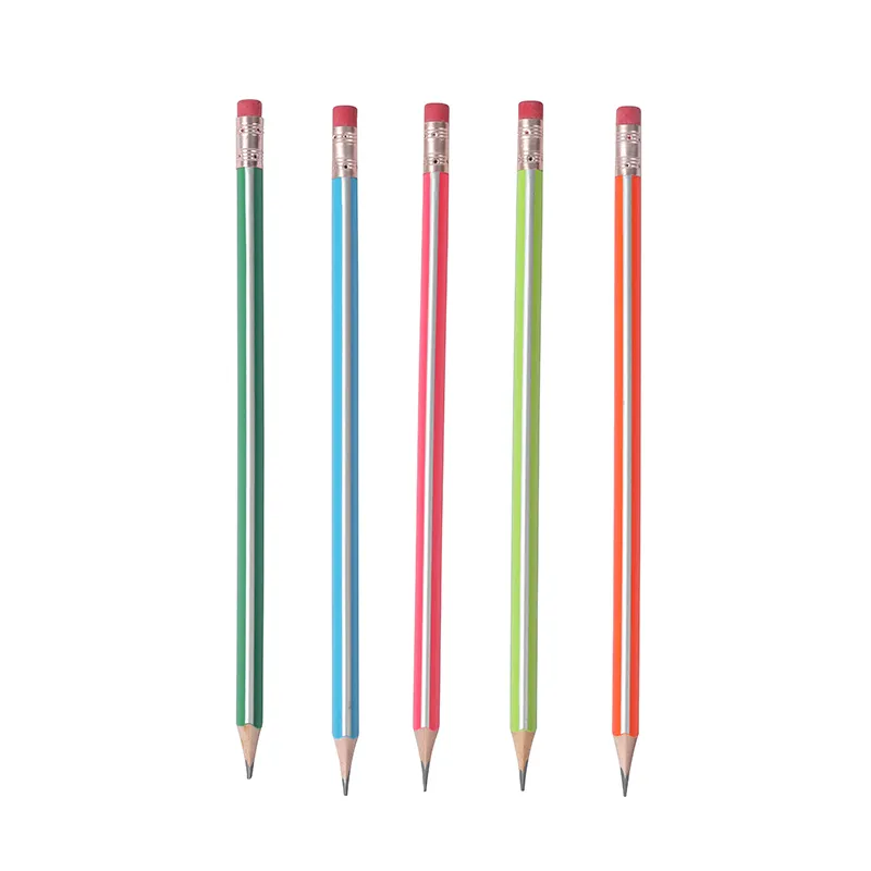 manufacturer supplies 12pcs HB triangle pole fluorescent paint stripe pencil color box set with eraser