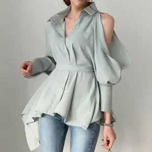 OUDINA 새로운 한국 패션 불규칙한 오프 숄더 여성 캐주얼 셔츠 숙녀 블라우스 허리 스트랩 긴 소매 셔츠