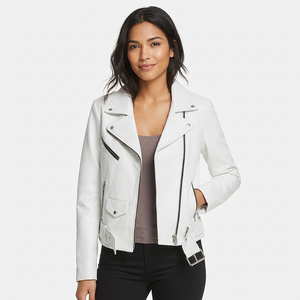 White Real Leather Biker <b>Jacket</b> Wide Notch Lapel Zipper Pocket Fitted Modern Female Streetwear Outerwear Leather <b>Jackets</b> - Product Image 5