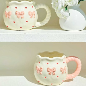 Wholesale Ins Style <strong>Handmade</strong> <strong>Ceramic</strong> Cup Couple Gift <strong>Mugs</strong> Pink Bow Coffee Cups Irregular <strong>Mug</strong> with Handle 350ml - Product Image 5