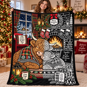 Manta de Peluche para Colorear DIY con Diseño de Vaca Highland Navideña y Patrón Festivo, con Diseño de Chimenea Acogedora para Uso Doméstico - Product Image 1