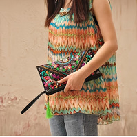Nouvelle mode de sac à main pour filles portefeuille style ethnique avec fermeture à glissière à motif de dessin animé brodé