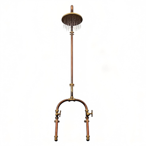 Grifo de ducha para exteriores de montaje en pared, hecho a mano en cobre y latón con pátina natural, tubería expuesta de estilo antiguo para jardín, patio y piscina. - Product Image 1