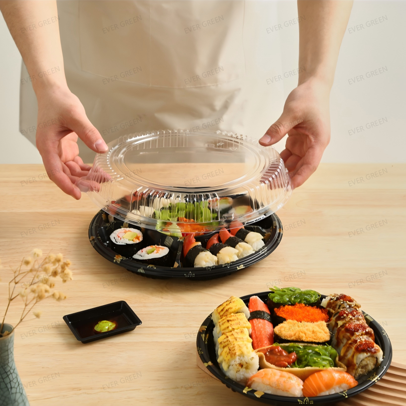 Контейнер для пищевых продуктов, Круглый одноразовый пластиковый лоток для сашими на вынос с противотуманной крышкой