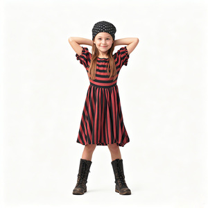 Disfraz de pirata a rayas rojas y negras para niñas con pañuelo para <span class=keywords><strong>la</strong></span> cabeza, vestido de manga corta con corte en A para cosplay de Halloween - Product Image 1