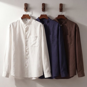เสื้อเชิ้ตผ้าฝ้ายผสมลินินระบายอากาศได้ดี คอปกแบบแมนดาริน เสื้อลำลองผู้ชาย - Product Image 5
