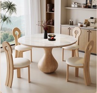 Cremefarbener Ausziehbarer Steinplatten-Esstisch, Erweiterbar von Oval zu Rund Massivholz-Esstisch-Set