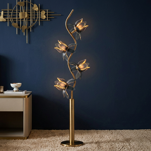 Lampadaire floral artistique avec pétales en verre gris, support en fer noir, luminaire E26, lampe sur pied unique en forme de fleur pour la maison et le bureau - Product Image 4