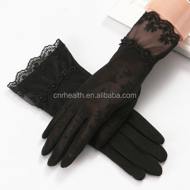 Autumn Summer Women Short Tulle Gloves Stretchy Lace Sunscreen Anti-UV Ice Thin Driving Cycling Gloves Flexible Full Fiinger