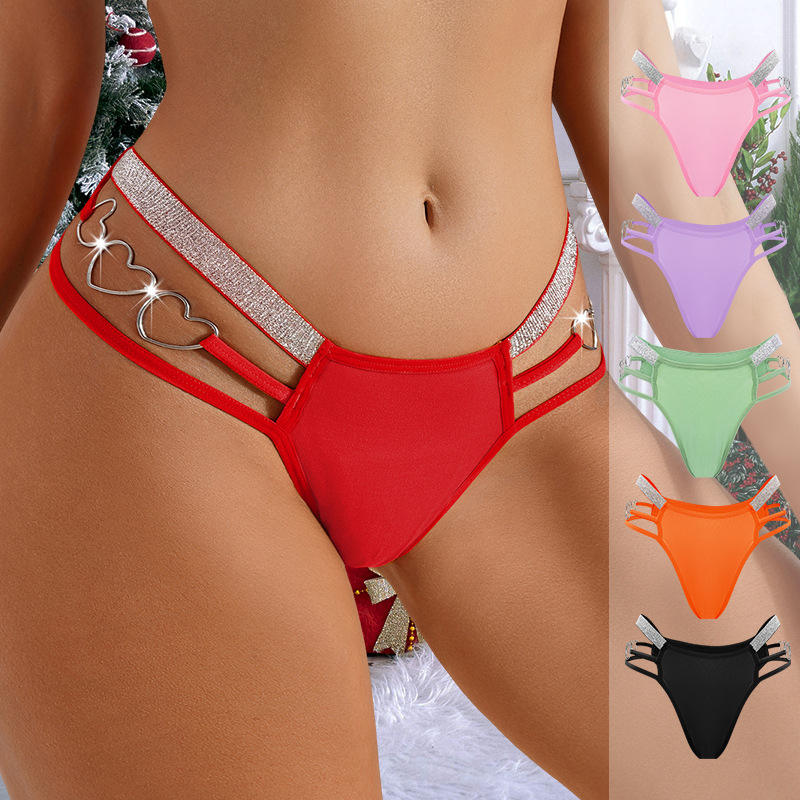 Everyday Breathable Ladies Briefs Low-rise Thong Silver Ribbon Heart-shaped Button Women's Panties Thongs with Logo Waist
