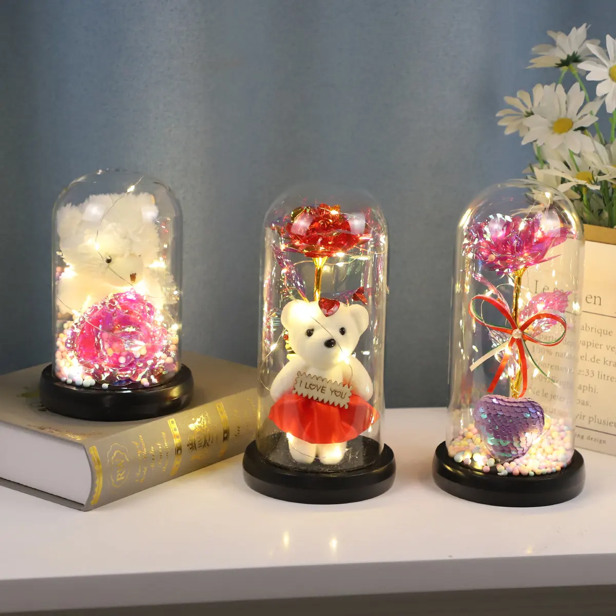 Adorno de regalo LED, mini cúpulas de exhibición, tarro de vidrio, cúpula, flor rosa, flor artificial colorida, regalos para mamá