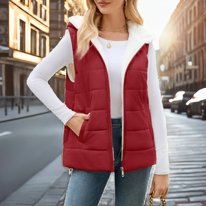 Chaleco acolchado con capucha para mujer, con cremallera, informal, sin mangas, con forro polar, chaleco informal para mujer - Product Image 2