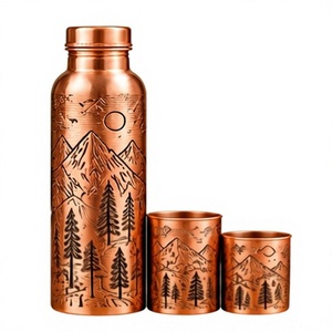 Botella de Agua Moderna de Cobre con Tapa y 2 Tazas, Juego de 3 Piezas, Termo de Viaje con Grabado de Montaña y Árbol - Product Image 1