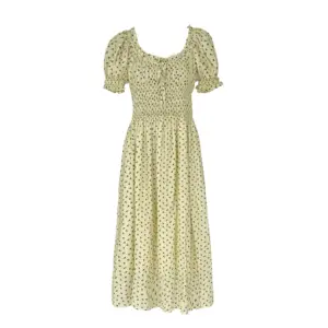 MADEINOST summer design sense two wear a line shoulder puffed sleeve retro color small floral waist dress
