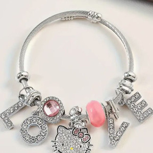 Pulseras de Acero Inoxidable al por Mayor con Dijes de Moda para Mujeres y Niñas, Pulsera de Joyería Hello Kitty con Cuentas de Diamantes de Imitación - Product Image 4
