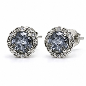Stud <b>Earrings</b> with Salt and Pepper Diamond, 925 Sterling <b>Silver</b> Round Cut Scroll Frame, Screw <b>Back</b> Vintage Style - Product Image 1