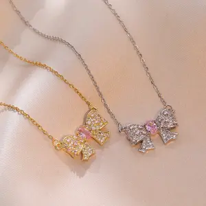 New Fashion Pink Crystal Bow Knot Pendant Necklaces Sparkling Zircon Girls Fairy Sweet Clavicle Chain Women Jewelry(NL017)