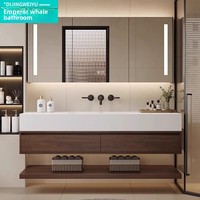 Meuble de salle de bain mural de style moderne et épuré avec lavabo en céramique sans joint en plaque de roche, intelligent pour le lavage des mains et du visage