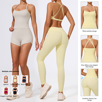 Ensemble de vêtements de sport pour femmes en 4 pièces, soutien-gorge de sport froncé, bretelles spaghetti, short taille haute, leggings longs, couleur unie