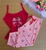 Ensemble de pyjama pour femmes en coton de bambou ultra doux personnalisé, motif cerise, débardeur à bretelles spaghetti, pantalon ample rayé, vêtements de détente