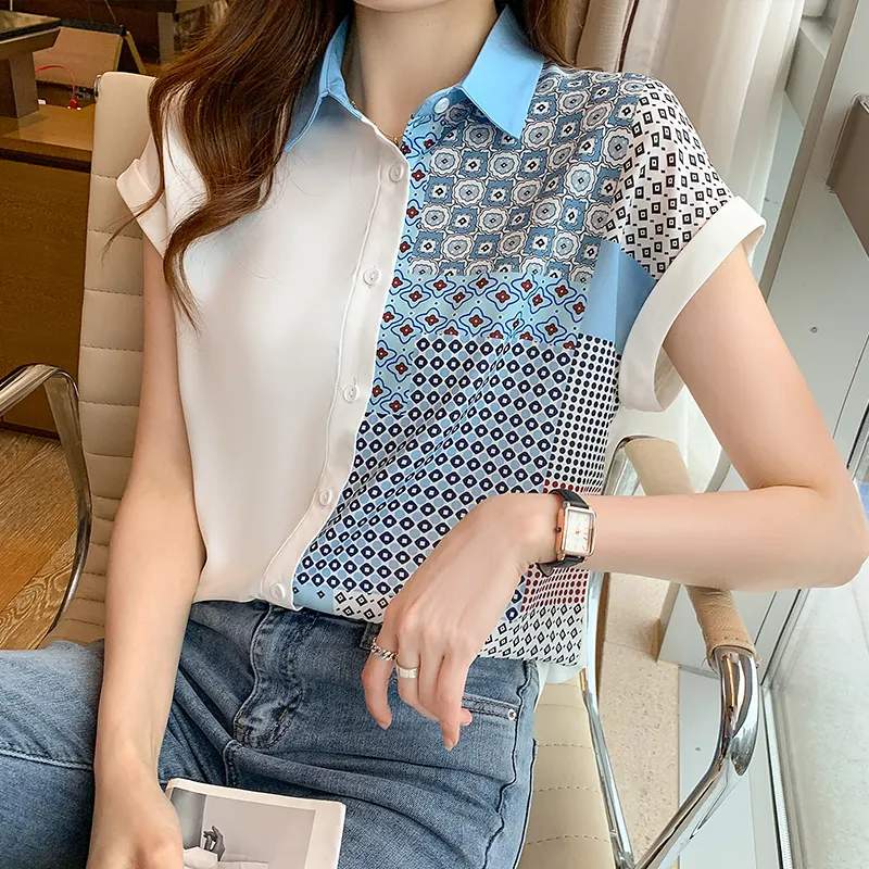 Großhandel bedruckte Chiffon Tops Damen Kurzarm Sommer New Korean Style Wild Fashion Casual Damen Blusen und Shirt