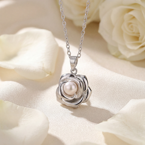 <b>Copper</b> 3D Rose Flower Freshwater Pearl Pendant Necklace Sculptured Petal Romantic Bridal Jewelry Gift for Women - Product Image 2