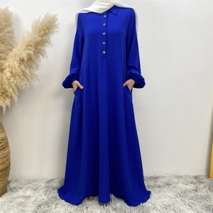 6771# Newest Ramadan Chiffon <b>Maxi</b> Dress 6 Buttons Muslim Women Long Flowy Summer Abaya Dresses With Pockets 5 Colors - Product Image 4