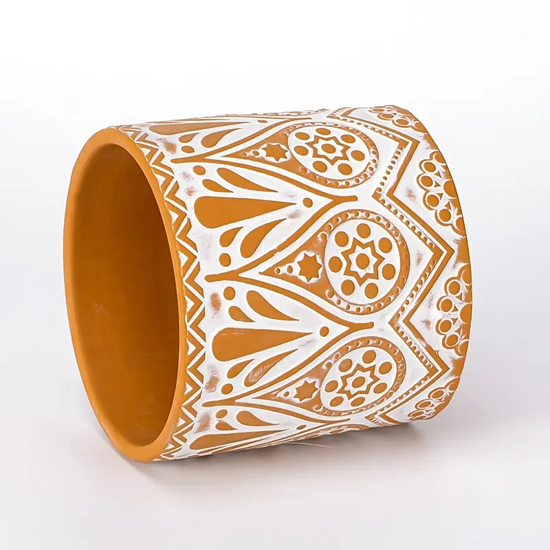 Custom Ceramic Handmade Premium Flower Pattern Design Candle Jar Orange Vintage Decor Pottery Elegant Clay Candle Jar Container