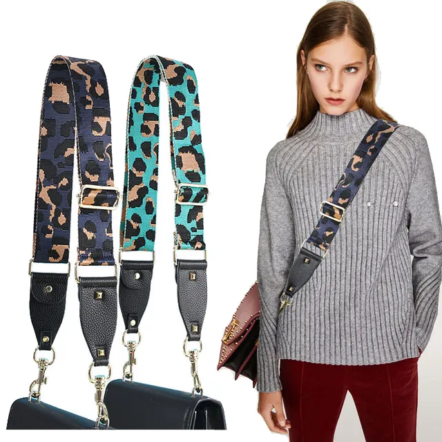 5cm Wide Leopard Woven Webbing Laptop Bag Accessories Belt Canvas Bag Long Shoulder Bag Strap with Leather Ends