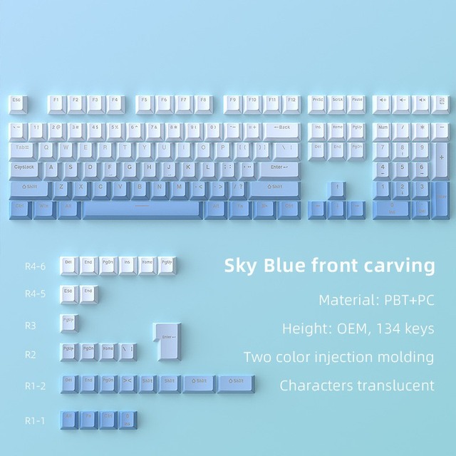 Sky Blue Front Carving Through Light Keycaps PBT Doubleshot Material OEM Profile for All MX 61% 66% 98 %100% Mechanical Keyboard