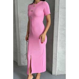 Robe Midi Moulante Rose Élégante Col Rond Tricotée Fendue sur le Devant Respirante Robe de Cocktail Taille Naturelle - Product Image 3