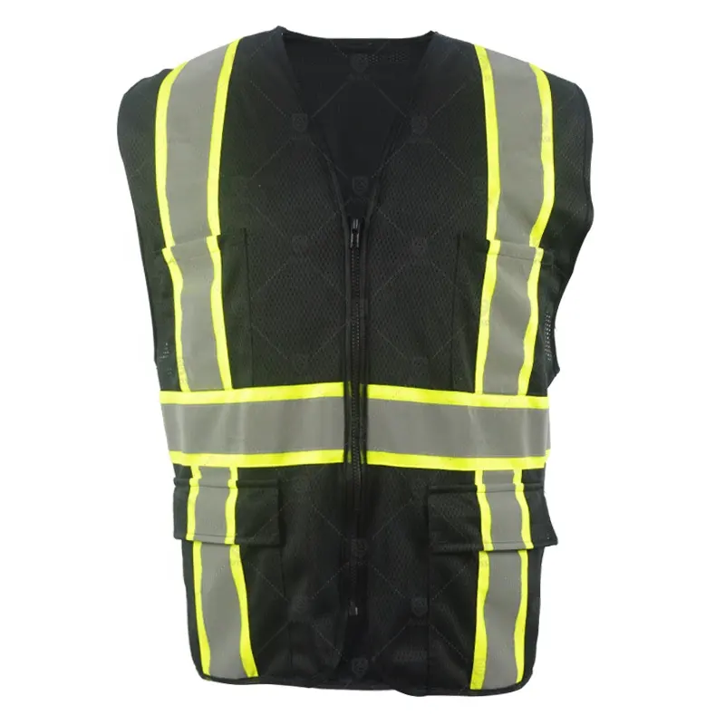Top-chaleco de seguridad reflectante con bolsillos para hombre, malla para motocicleta, alta visibilidad, color negro