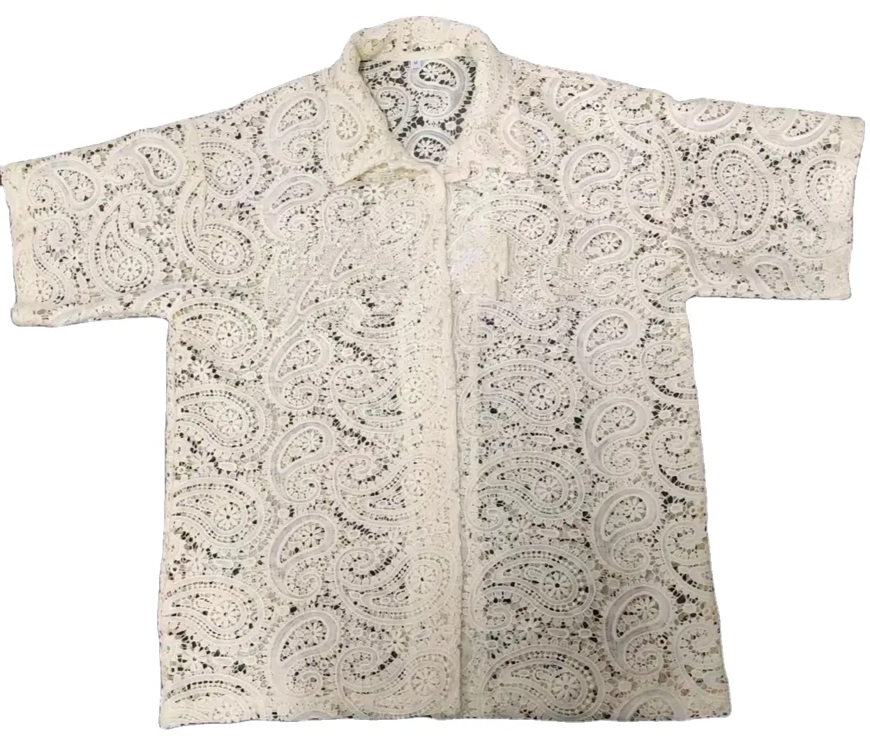 OEM Men Summer Vacation Hawaii Short Sleeves Algodão Knitting Polo T-shirt Homens Button Up Vintage Mesh Lace Polo T shirts