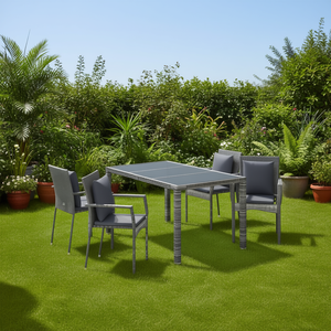 Dining Set For Garden <b>Grey</b> Pe Rattan With Powder Coated Steel <b>Frame</b> Tempered Glass Top Contemporary Outdoor Furniture - Product Image 2