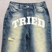 Pantalon en jean décontracté coupe droite délavé style vintage avec sérigraphie personnalisée, effet usé et déchiré pour homme