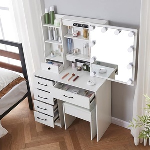 Juego <span class=keywords><strong>de</strong></span> maquillaje <span class=keywords><strong>de</strong></span> <span class=keywords><strong>tocador</strong></span> con espejo deslizante con luz, armario <span class=keywords><strong>de</strong></span> almacenamiento, cajones y taburete acolchado blanco - Product Image 4