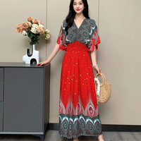 Robe longue d'été pour femme H-283, style ethnique, col en V, en coton et soie, imprimé champêtre, style bohème, pour les vacances