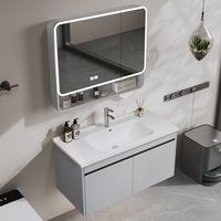 Perlengkapan Kamar Mandi Hotel, Unit Vanity Kamar Mandi Aluminium Gantung Dinding, Finishing Cat Gloss Abu-abu, Kabinet Kamar Mandi dengan Fitur Pintar