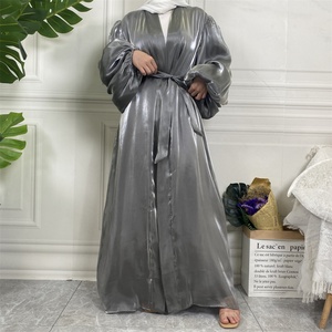 1941# Latest Front Open Fashion Abaya With Lining Shiny Satin <b>Kaftan</b> Kimono Cardigan Muslim Women Clothing - Product Image 2